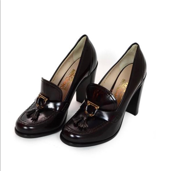 Salvatore Ferragamo Shoes - Ferragamo Glazed Leather Tassel Heeled Loafers